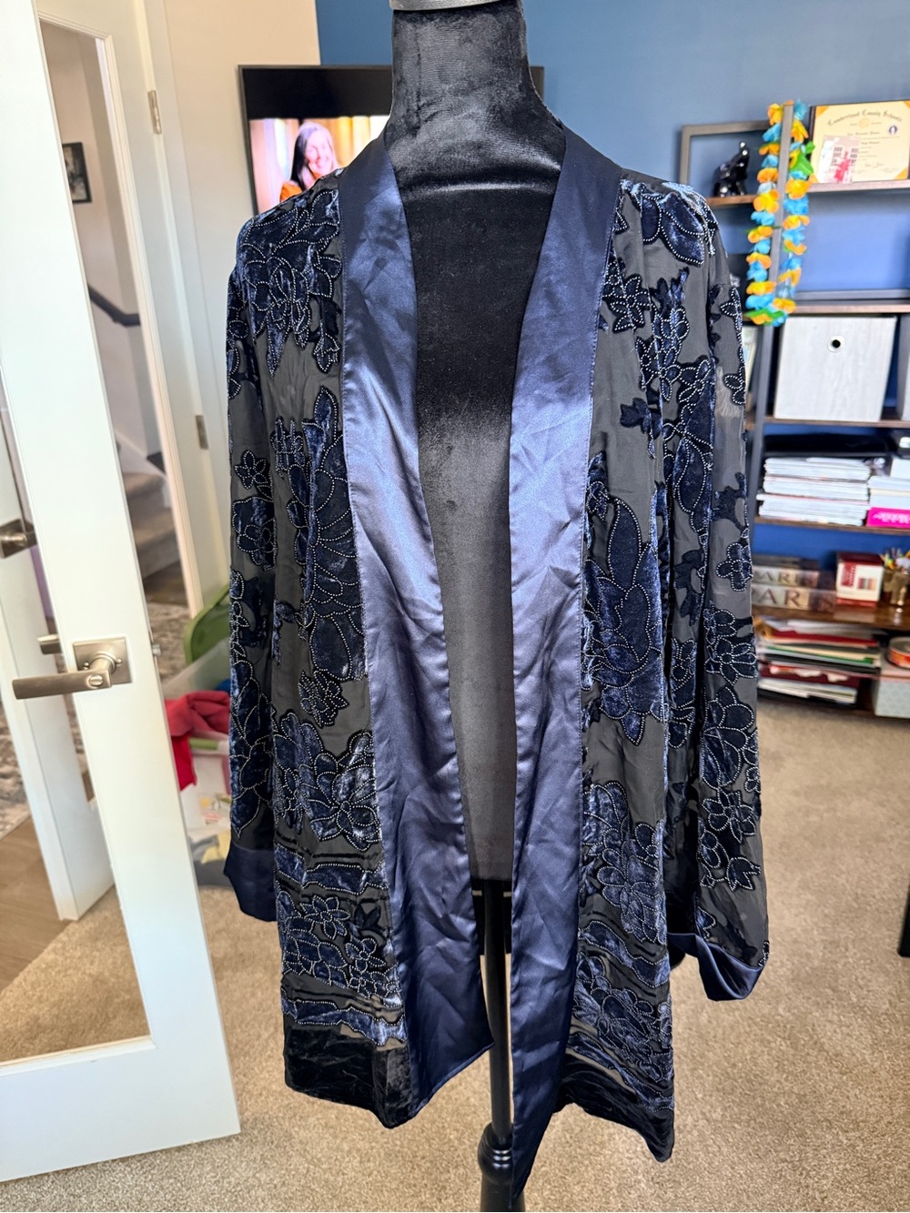 Navy Velvet burn out Embroidered Open-Front cardigan